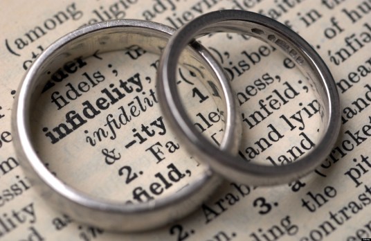 A3G275 Wedding rings on a dictionary showing the word infidelity